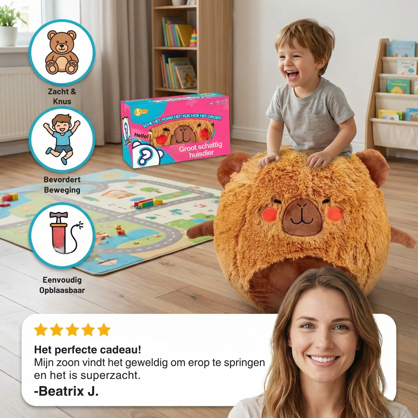 Opblaasbaar pluche springdier – springspeelgoed voor kinderen