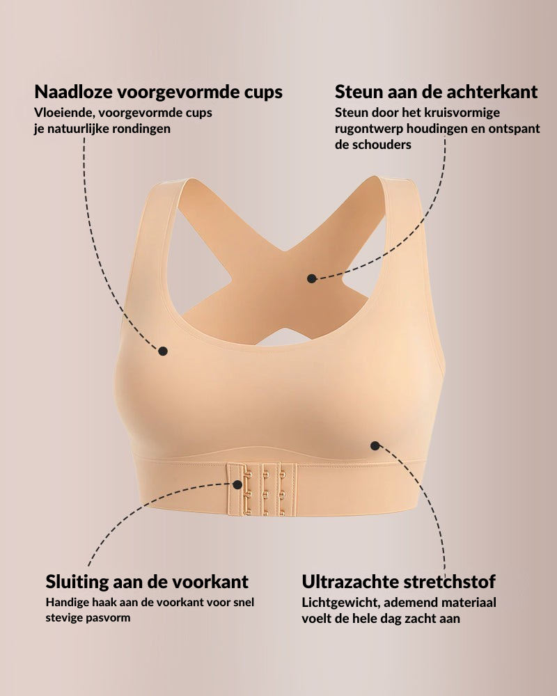 Draadloze houdingsbeha met voorsluiting en gekruiste bandjes op de rug