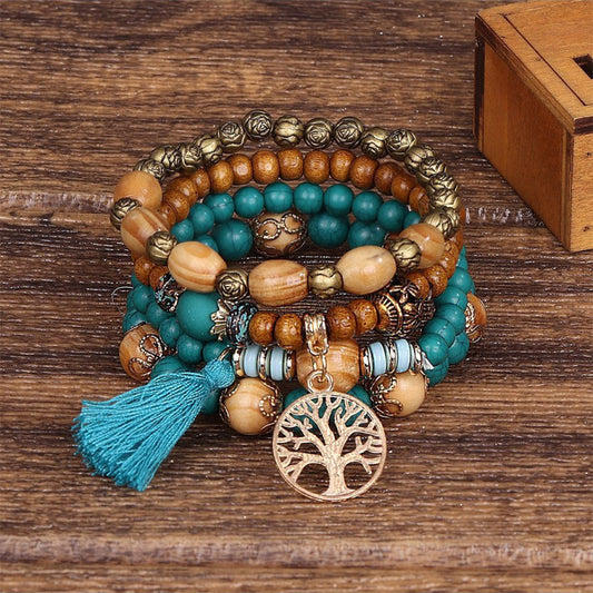 Boho meerlaagse houten kralenarmband