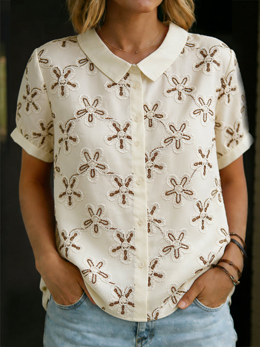 3D geborduurd katoenen shirt met korte mouwen